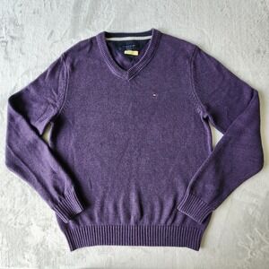 Tommy Hilfiger Purple Sweater Mens Small 100% Cotton V Neck Winter Preppy Casual
